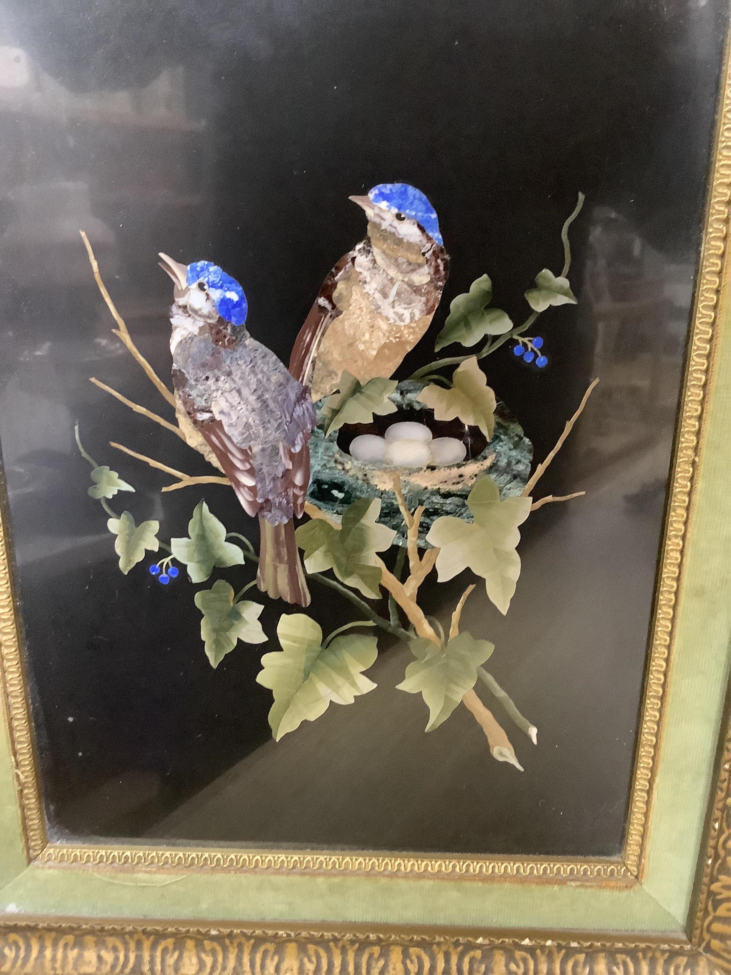 A 19th century Italian pietra dura panel decorated with nesting birds, framed. Panel 20cm wide x 28cm high. Condition - good